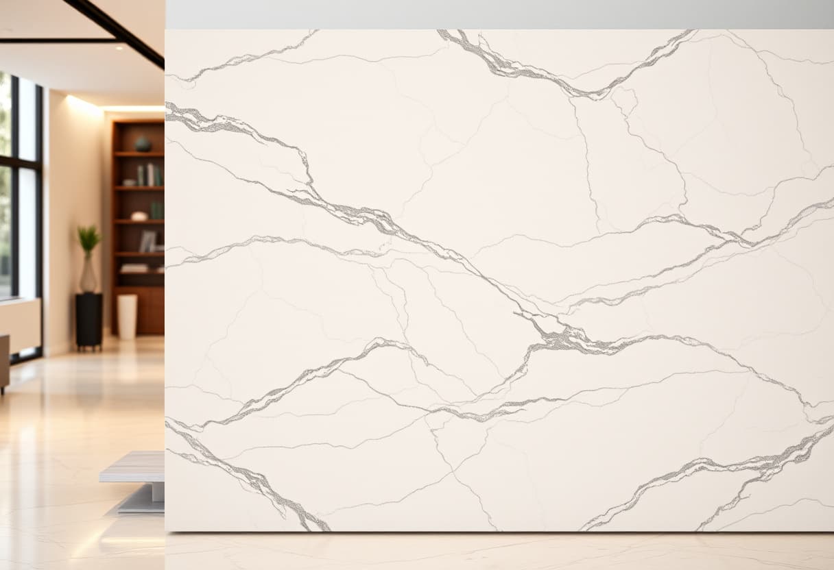 Chapa de mármore Carrara branco com finos veios cinza em showroom
