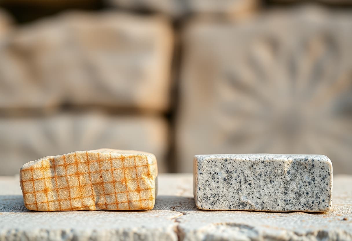 Comparação lado a lado de bancada de mármore e de granito