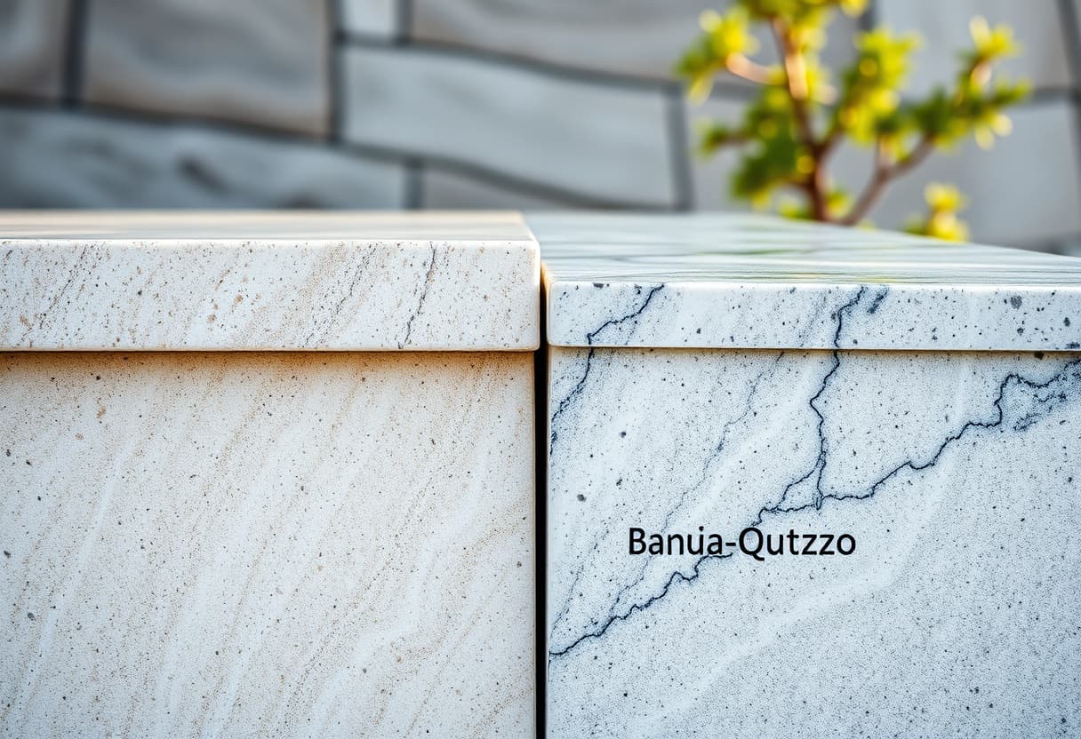 Bancada de mármore ao lado de uma bancada de quartzo
