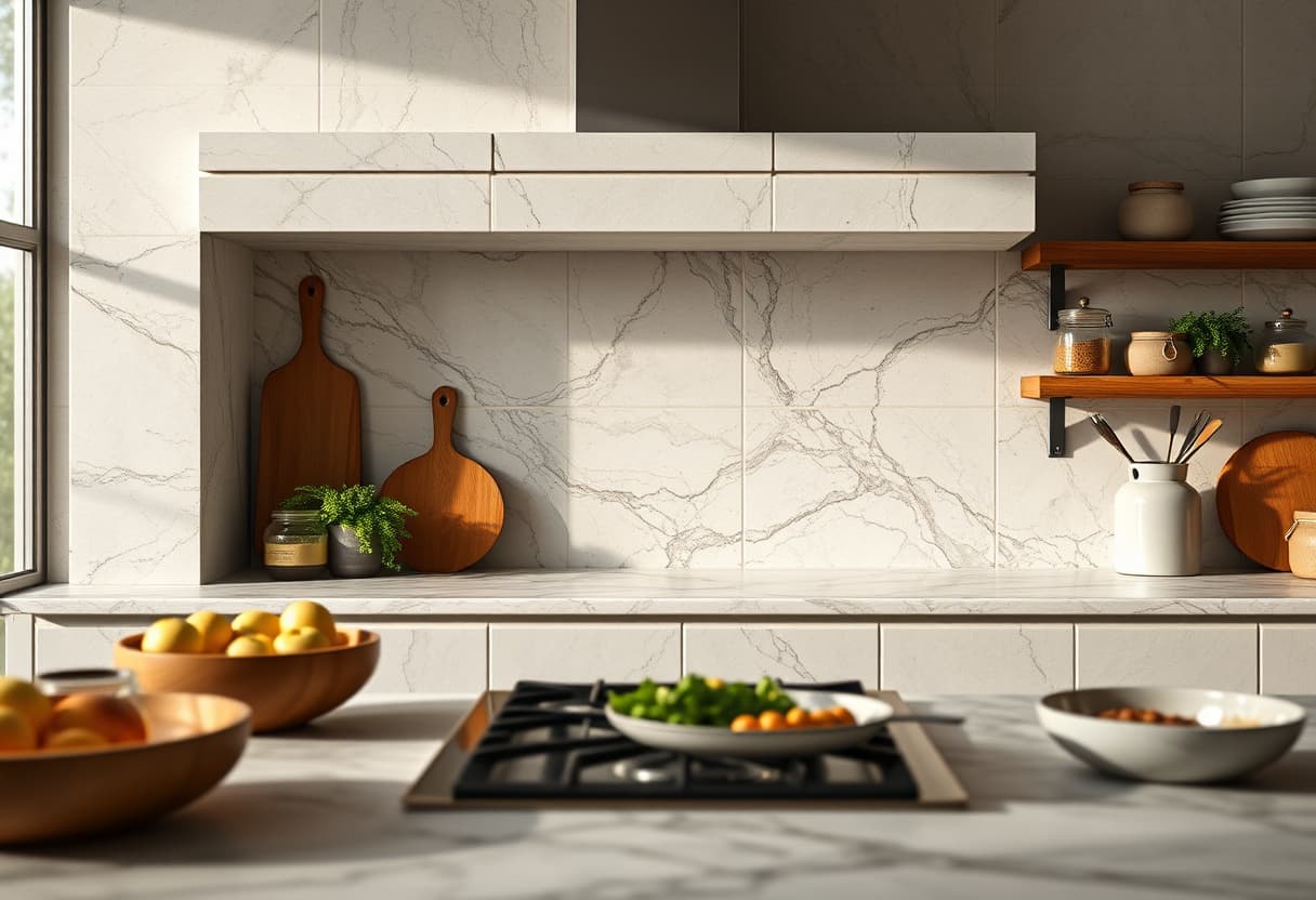 Bancada de mármore branco instalada em cozinha com cuba embutida