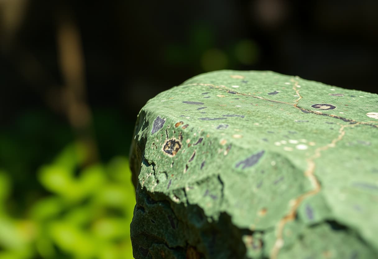 Chapa de mármore Verde Guatemala com fundo verde intenso e veios brancos marcantes